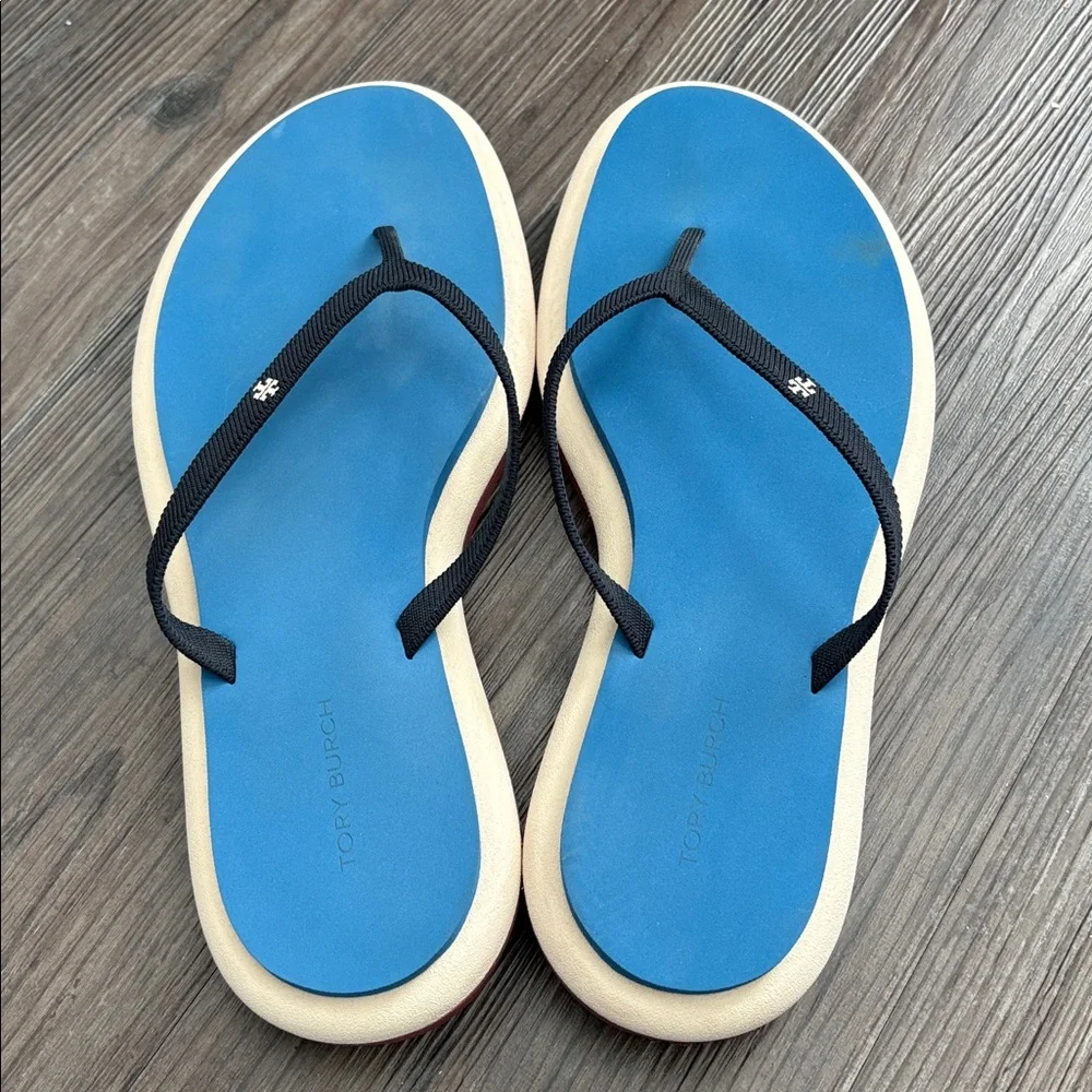 TORY BURCH LAYERED FLIP FLOP BLUE WOMENS 10